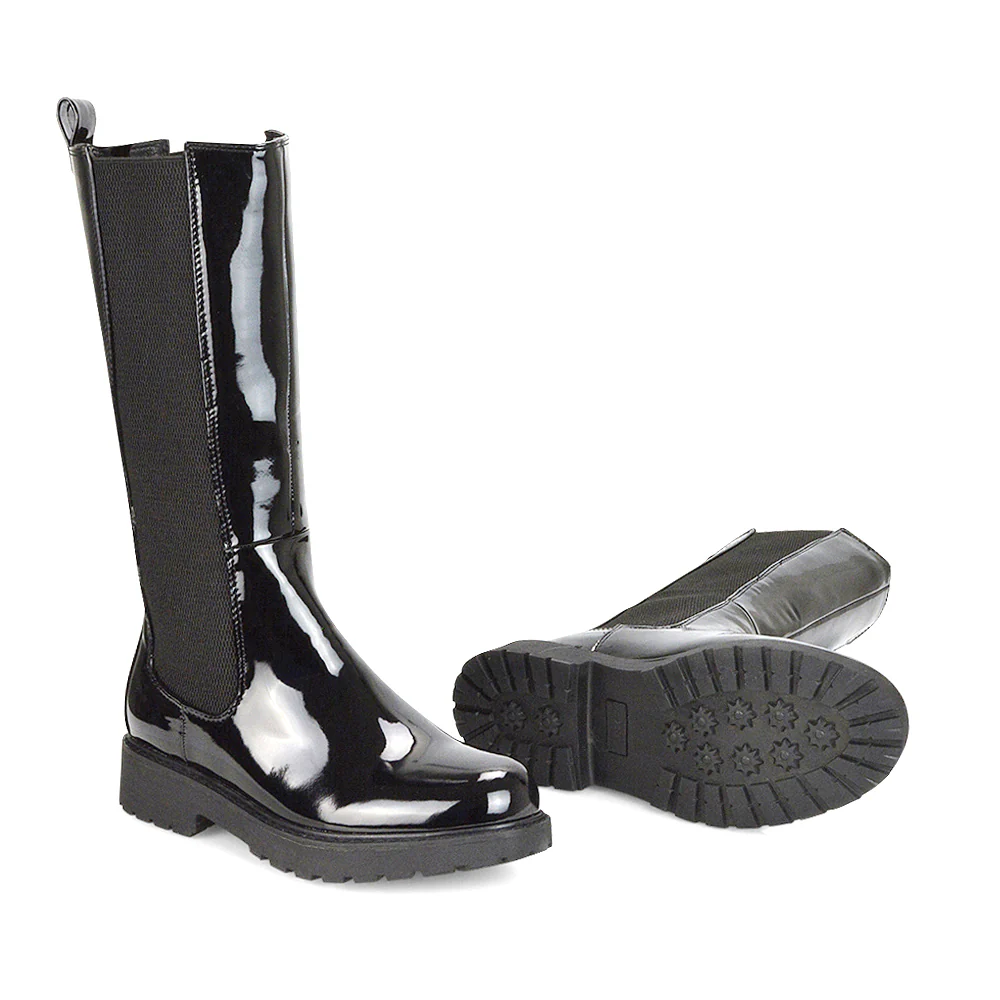 Suzie Flat Low Block Heel Slip on below the Knee Biker Boots in Black PU - Image 89