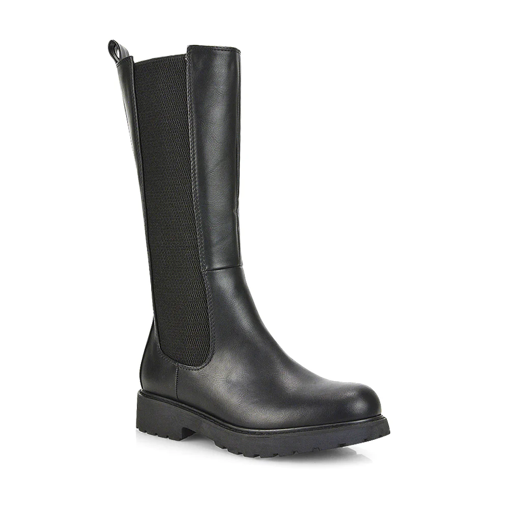 Suzie Flat Low Block Heel Slip on below the Knee Biker Boots in White PU - Image 33