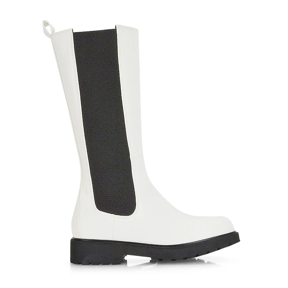 Suzie Flat Low Block Heel Slip on below the Knee Biker Boots in White PU - Image 54