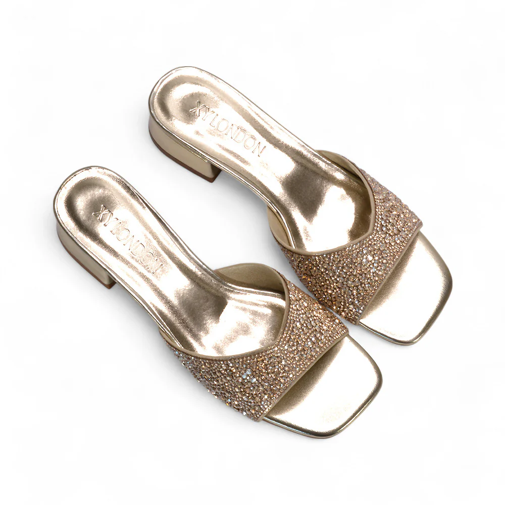 Sydney Low Block Heel Diamante Slip On Mule Heeled Sandals in Black Patent - Image 12