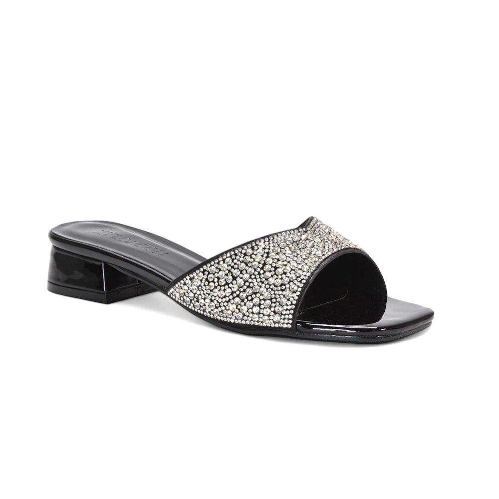Sydney Low Block Heel Diamante Slip On Mule Heeled Sandals in Black Patent - Image 3