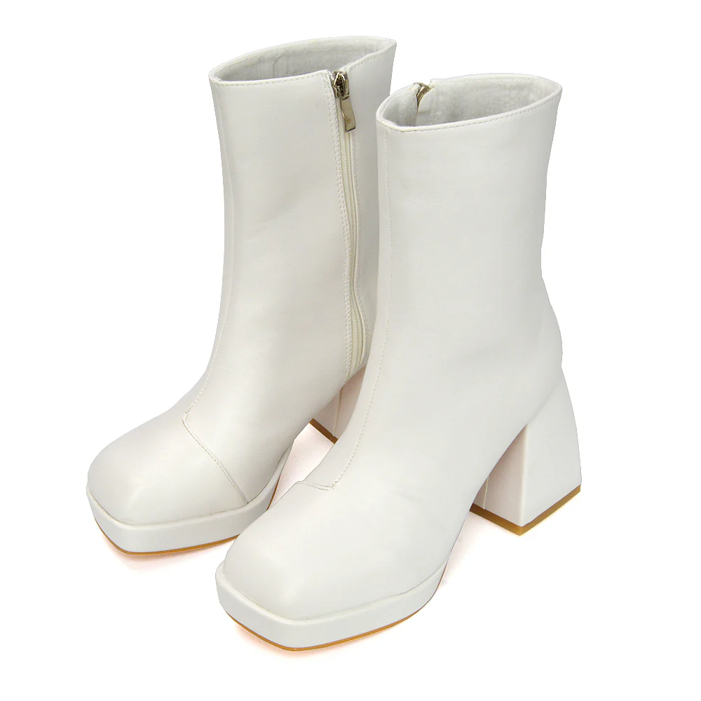 Sylvie Chunky Heel Ankle Boots With Square Toe Platform Booties In Black Synthetic Leather - Image 46