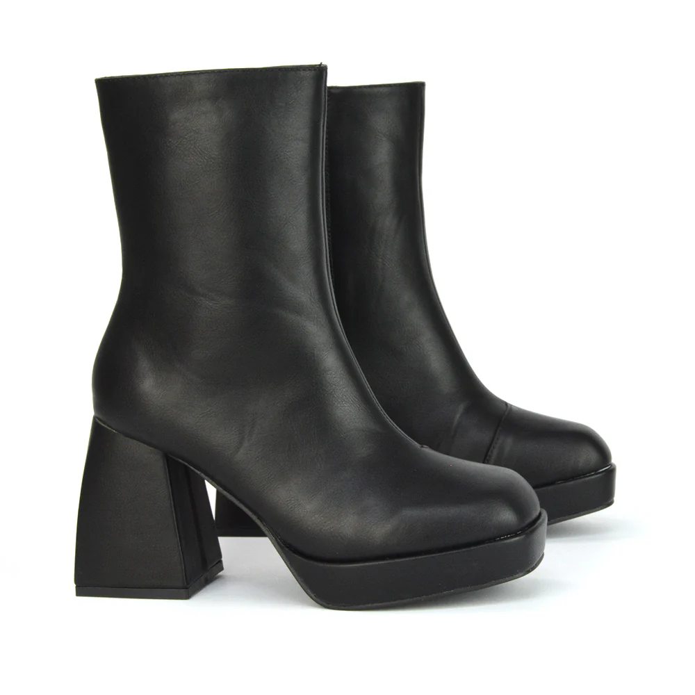 Sylvie Chunky Heel Ankle Boots With Square Toe Platform Booties In Nude Synthetic Leather - Image 14