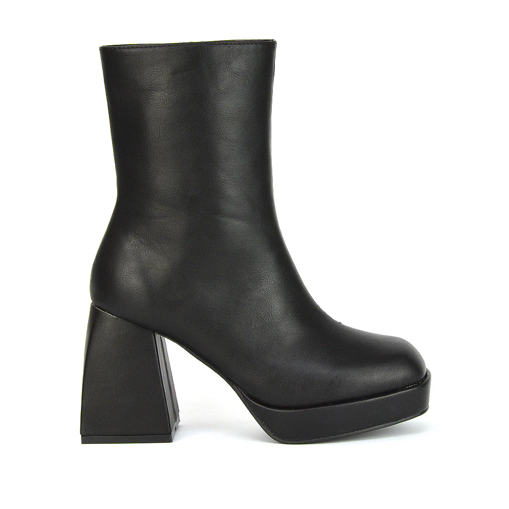 Sylvie Chunky Heel Ankle Boots With Square Toe Platform Booties In Nude Synthetic Leather - Image 18