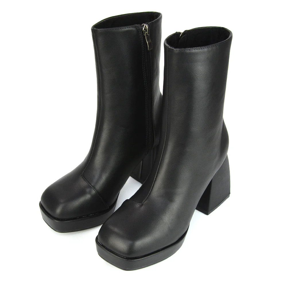 Sylvie Chunky Heel Ankle Boots With Square Toe Platform Booties In Nude Synthetic Leather - Image 25