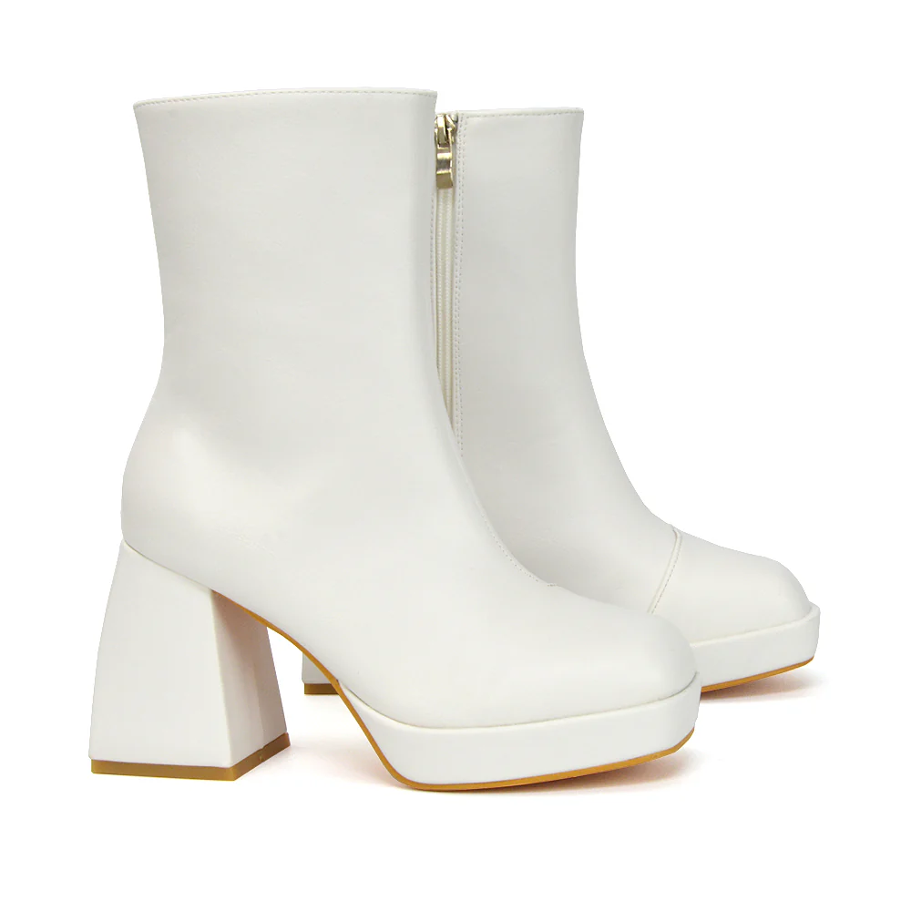 Sylvie Chunky Heel Ankle Boots With Square Toe Platform Booties In Nude Synthetic Leather - Image 59