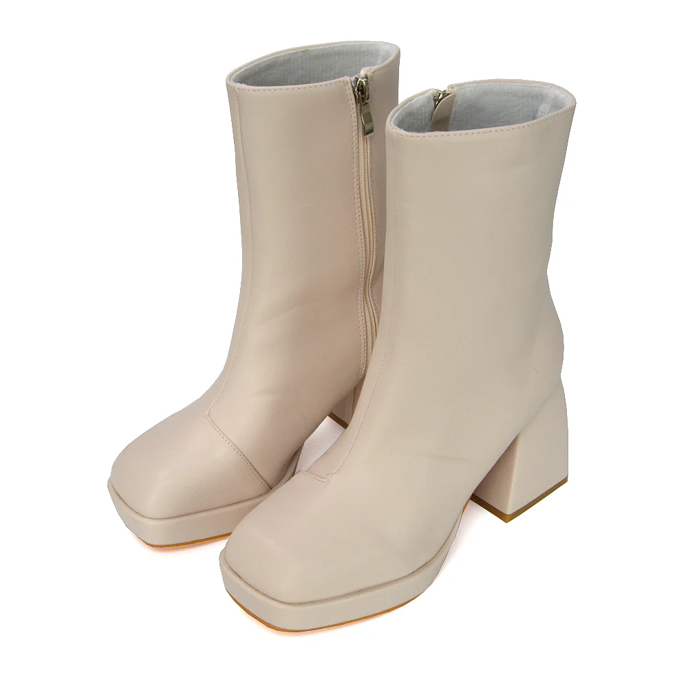 Sylvie Chunky Heel Ankle Boots With Square Toe Platform Booties In Nude Synthetic Leather - Image 95