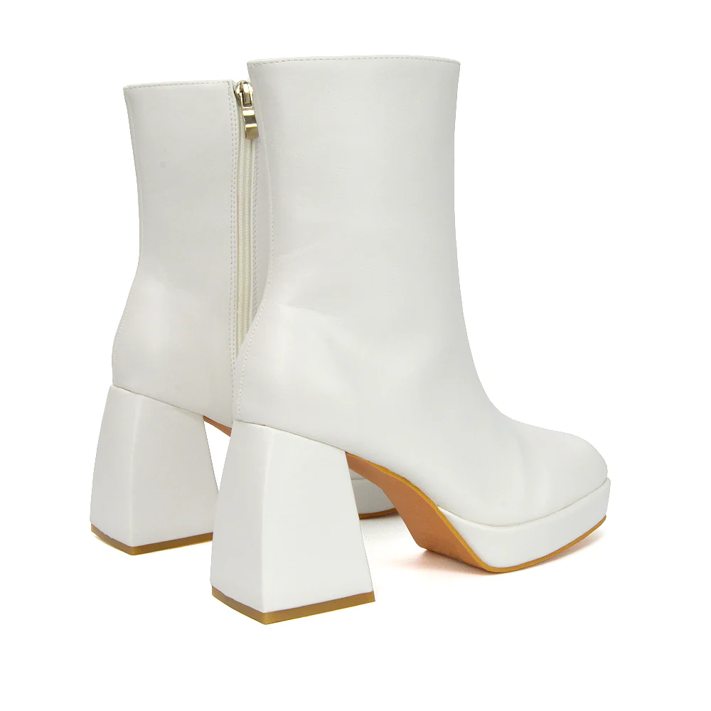 Sylvie Chunky Heel Ankle Boots With Square Toe Platform Booties In White Synthetic Leather - Image 2