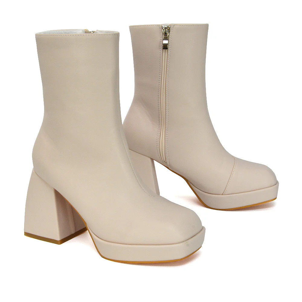 Sylvie Chunky Heel Ankle Boots With Square Toe Platform Booties In White Synthetic Leather - Image 77