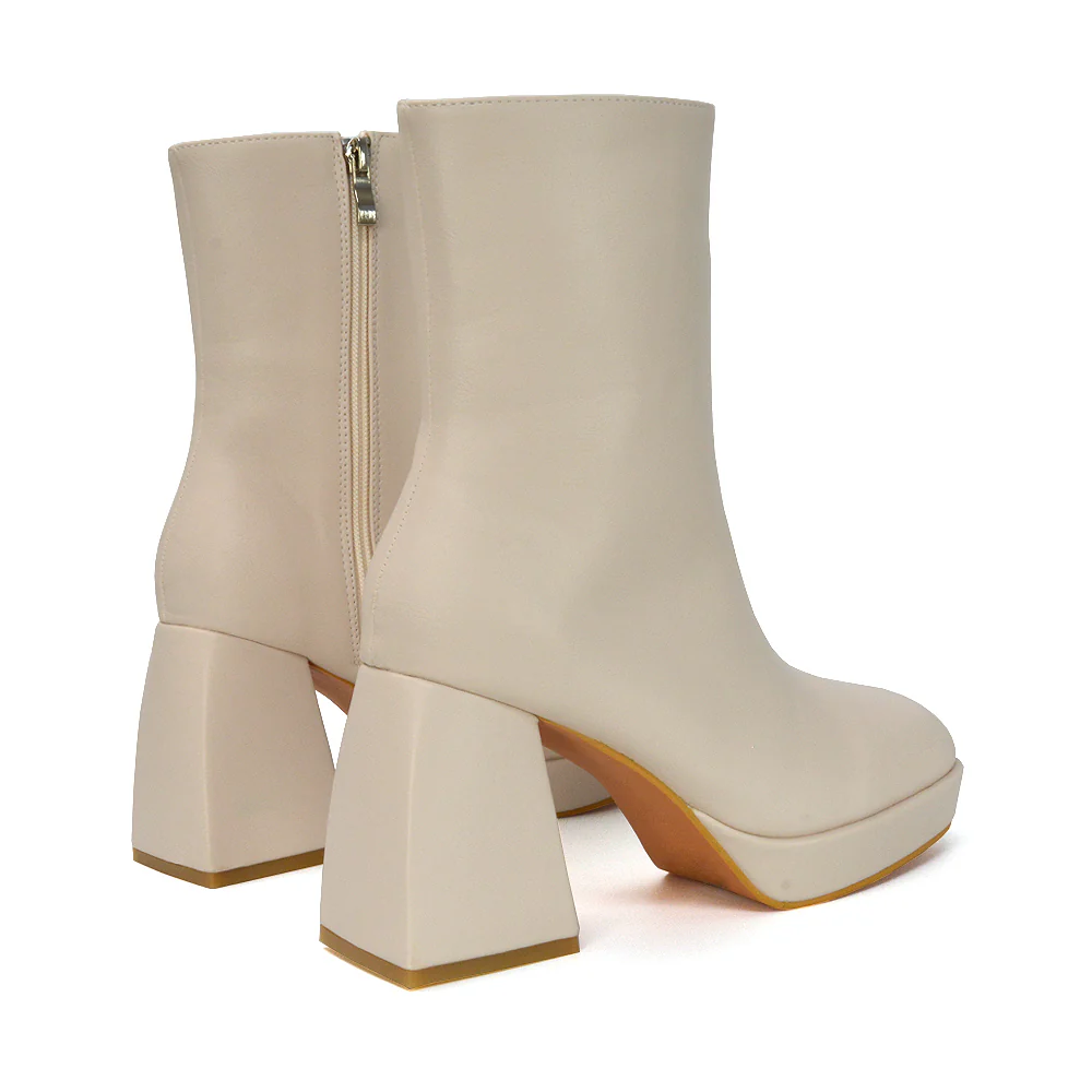 Sylvie Chunky Heel Ankle Boots With Square Toe Platform Booties In White Synthetic Leather - Image 88