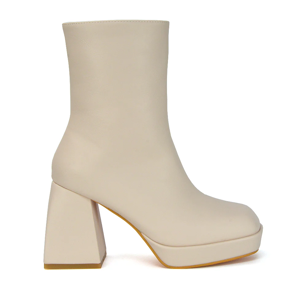 Sylvie Chunky Heel Ankle Boots With Square Toe Platform Booties In White Synthetic Leather - Image 94