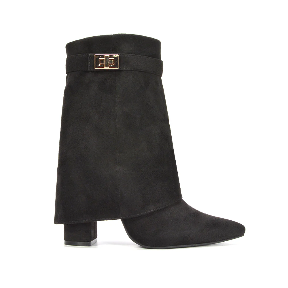 Talia Fold Over Mid Block Heel Pointed Toe Zip Up Ankle Boots in Black Faux Suede - Image 6