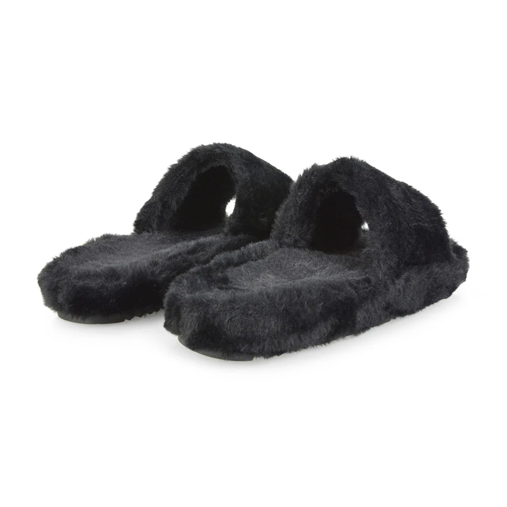 Tally Flat Fluffy Faux Fur Thick Front Strap Slider Women???s Slippers in Black - Image 117