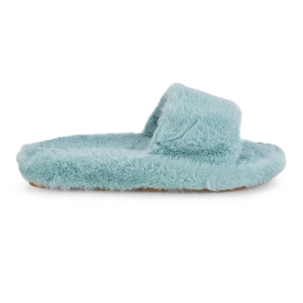 Tally Flat Fluffy Faux Fur Thick Front Strap Slider Women???s Slippers in Black - Image 16