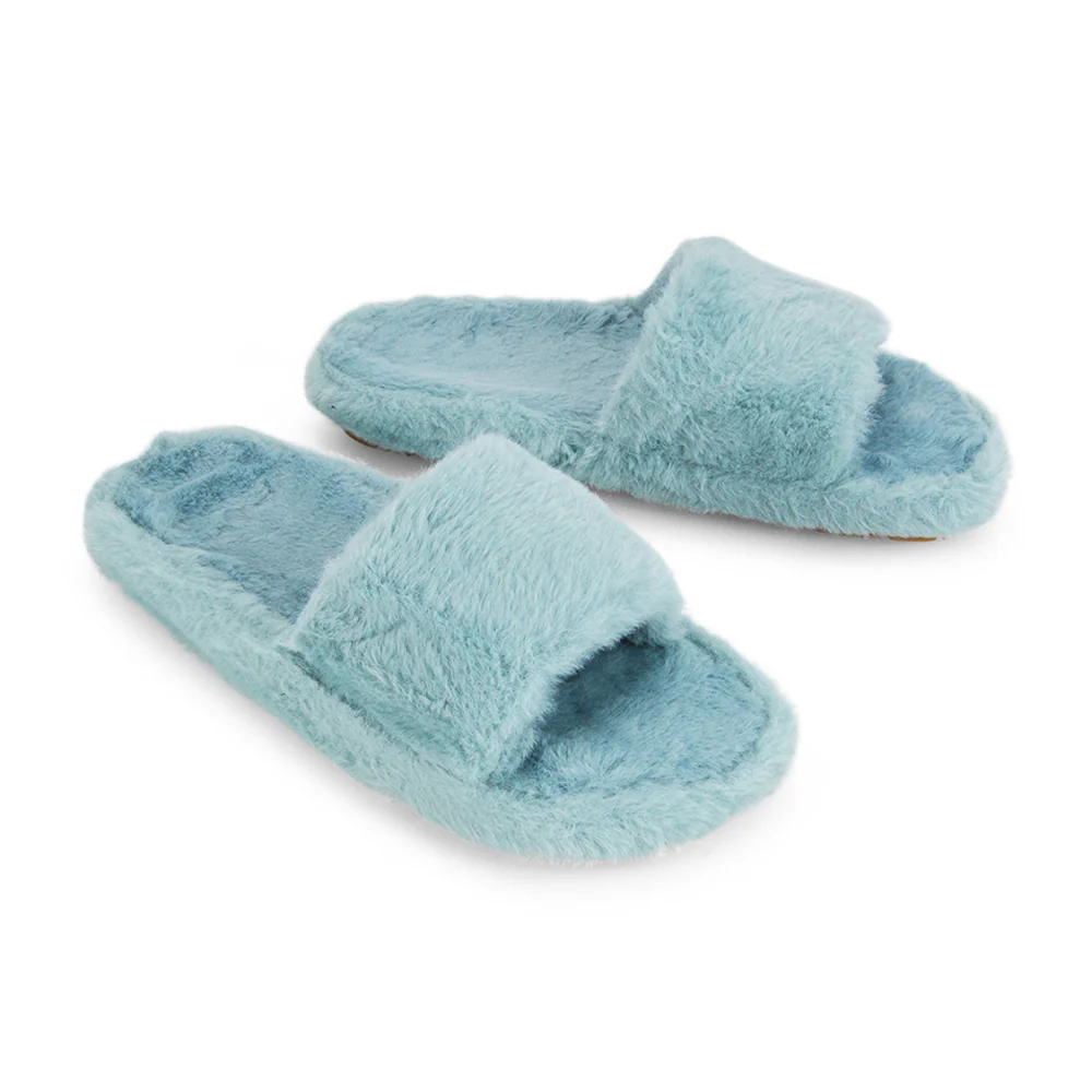 Tally Flat Fluffy Faux Fur Thick Front Strap Slider Women???s Slippers in Black - Image 18