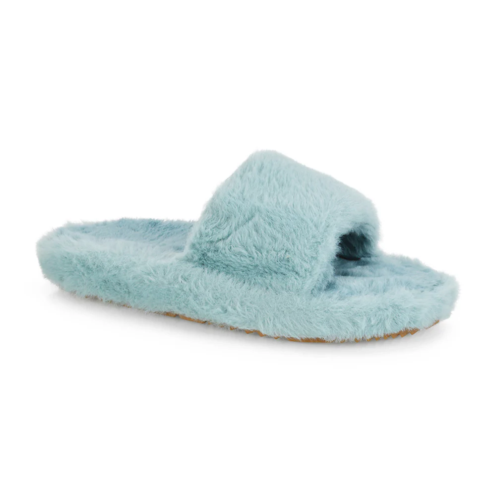 Tally Flat Fluffy Faux Fur Thick Front Strap Slider Women???s Slippers in Black - Image 27