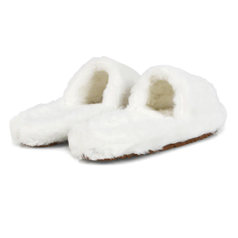 Tally Flat Fluffy Faux Fur Thick Front Strap Slider Women???s Slippers in Blue - Image 49