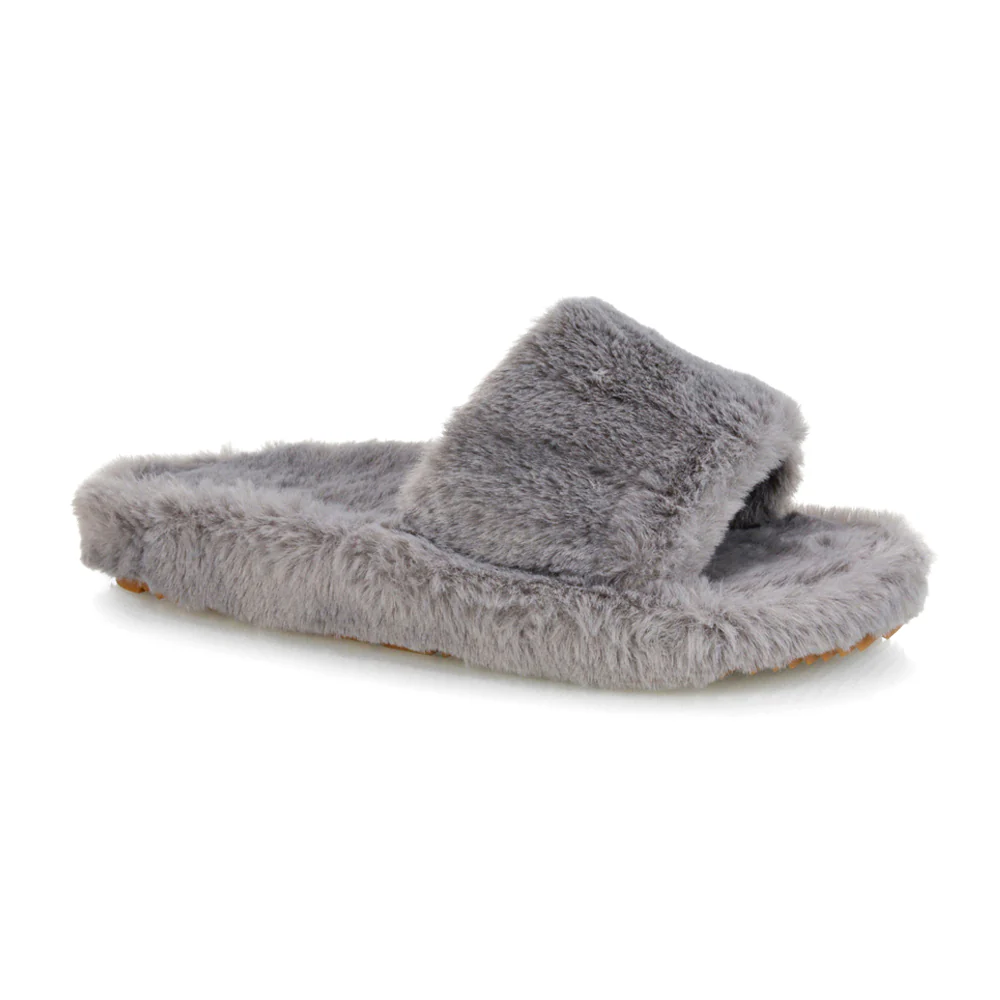 Tally Flat Fluffy Faux Fur Thick Front Strap Slider Women???s Slippers in Blue - Image 59