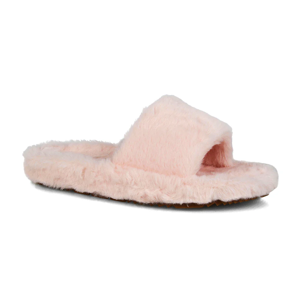 Tally Flat Fluffy Faux Fur Thick Front Strap Slider Women???s Slippers in Blue - Image 91