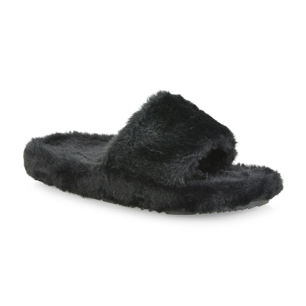 Tally Flat Fluffy Faux Fur Thick Front Strap Slider Women???s Slippers in Grey - Image 115