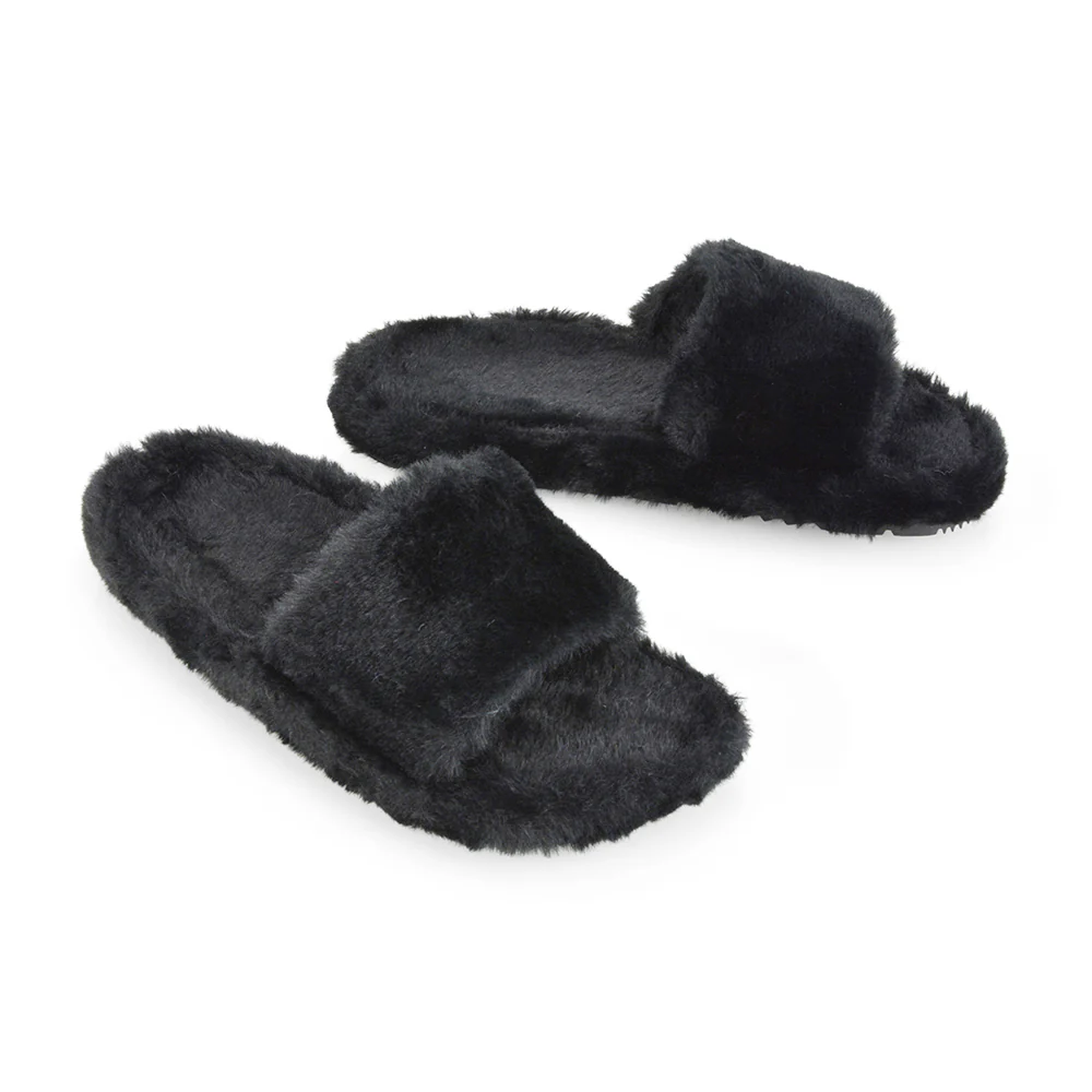 Tally Flat Fluffy Faux Fur Thick Front Strap Slider Women???s Slippers in Grey - Image 118