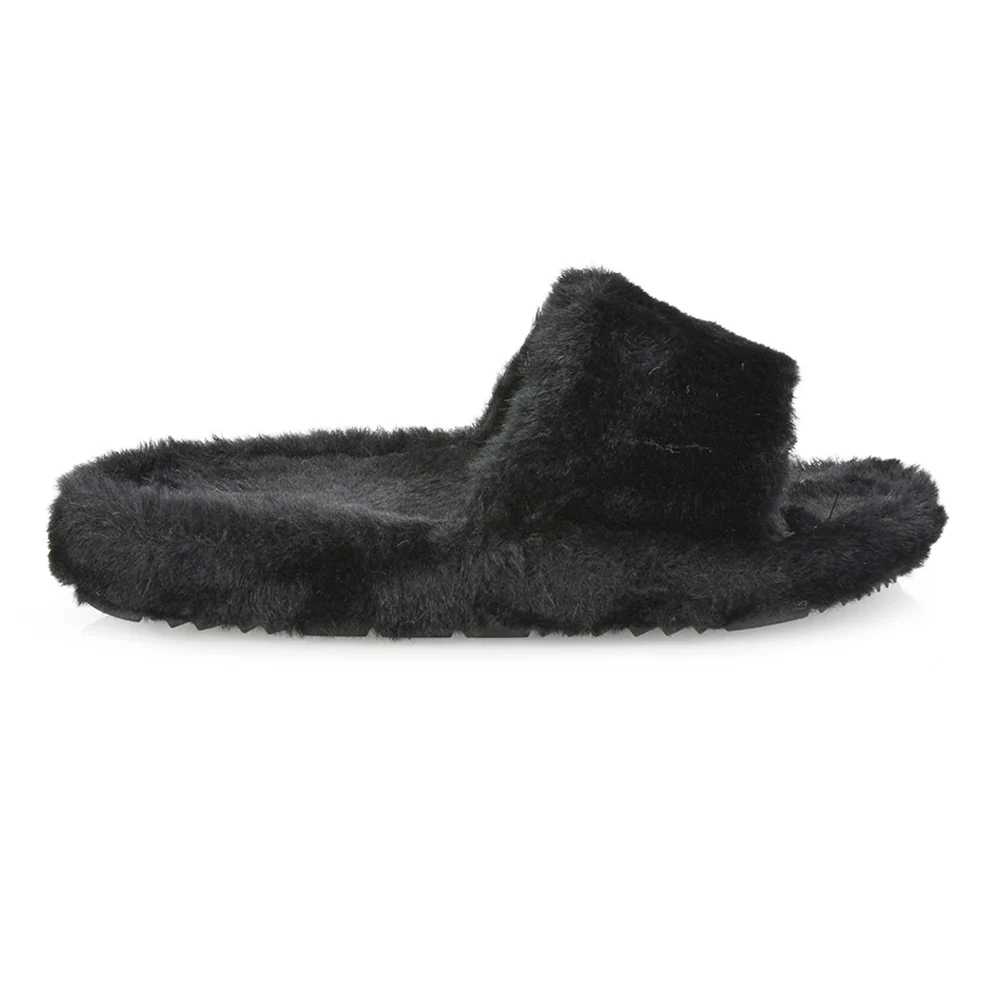 Tally Flat Fluffy Faux Fur Thick Front Strap Slider Women???s Slippers in Grey - Image 120