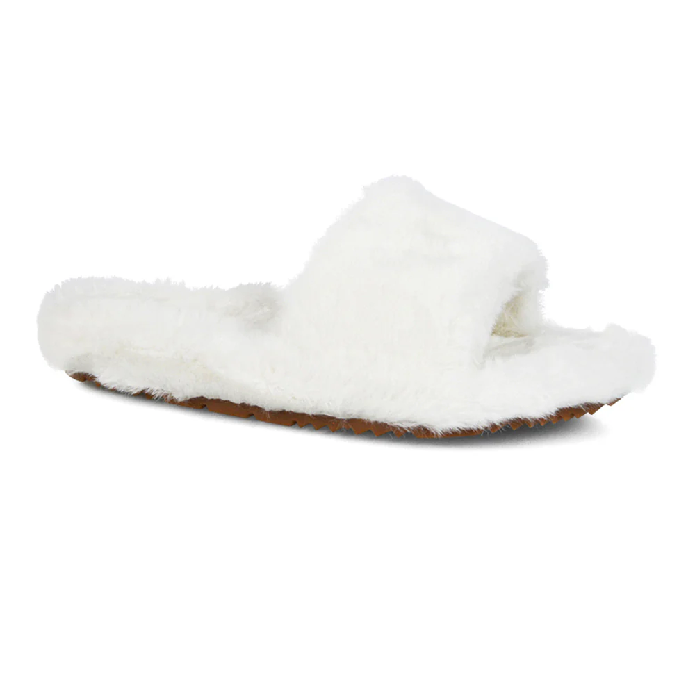 Tally Flat Fluffy Faux Fur Thick Front Strap Slider Women???s Slippers in Grey - Image 51