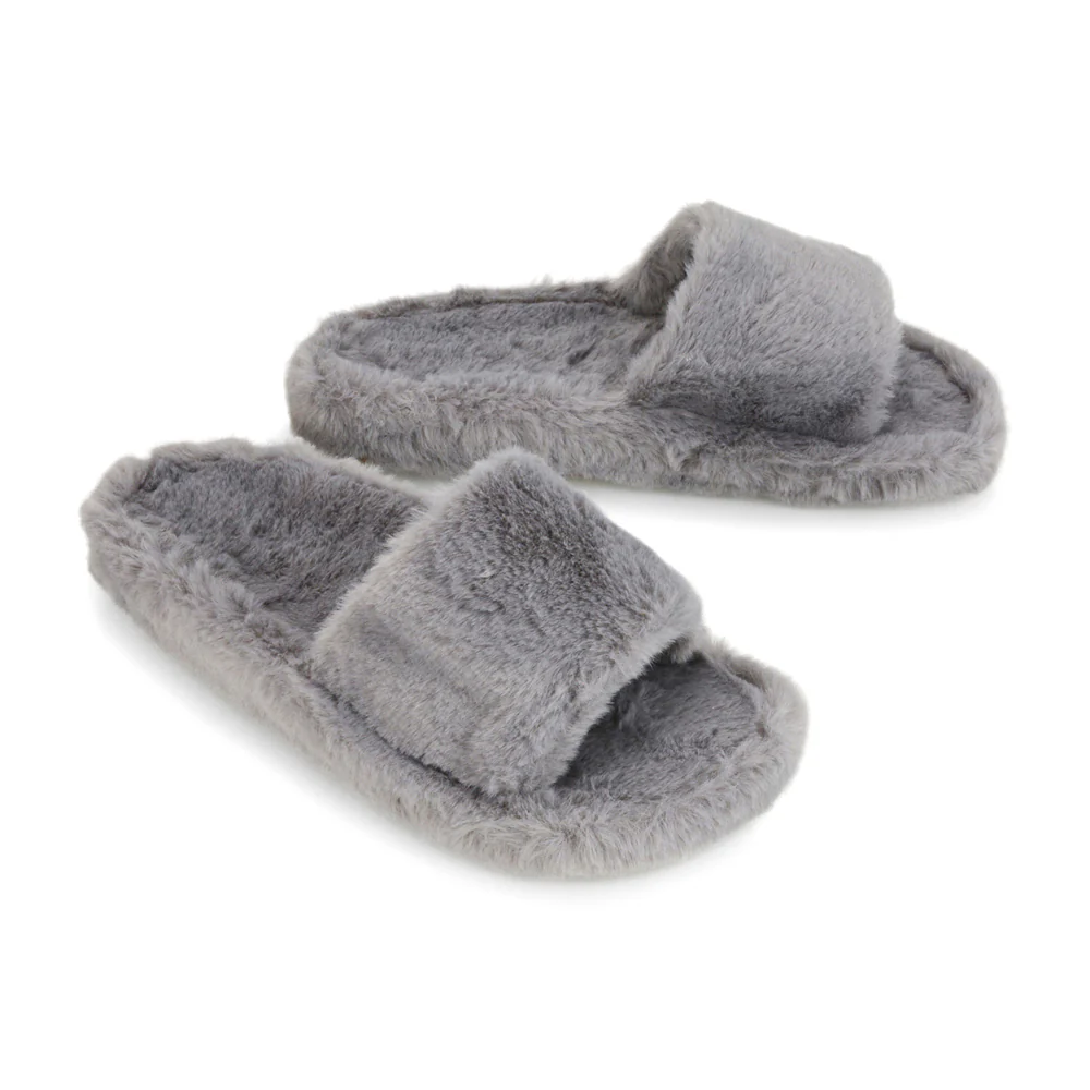 Tally Flat Fluffy Faux Fur Thick Front Strap Slider Women???s Slippers in Grey - Image 74