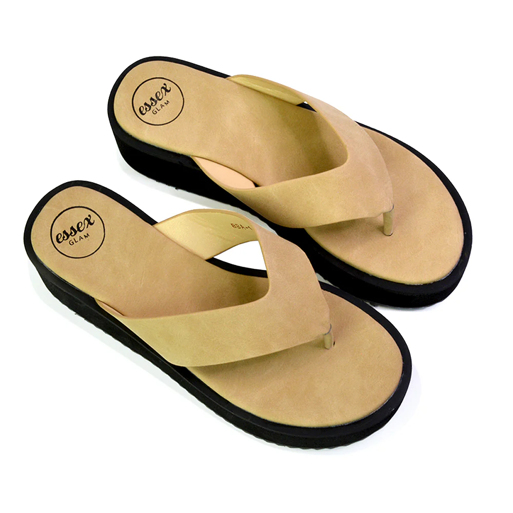 Tammi Strappy Slip On Thong Strap Flatform Flip Flop Flat Sandals Slides in Taupe - Image 112