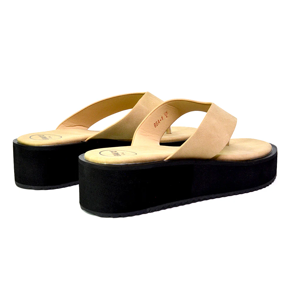 Tammi Strappy Slip On Thong Strap Flatform Flip Flop Flat Sandals Slides in Taupe - Image 115