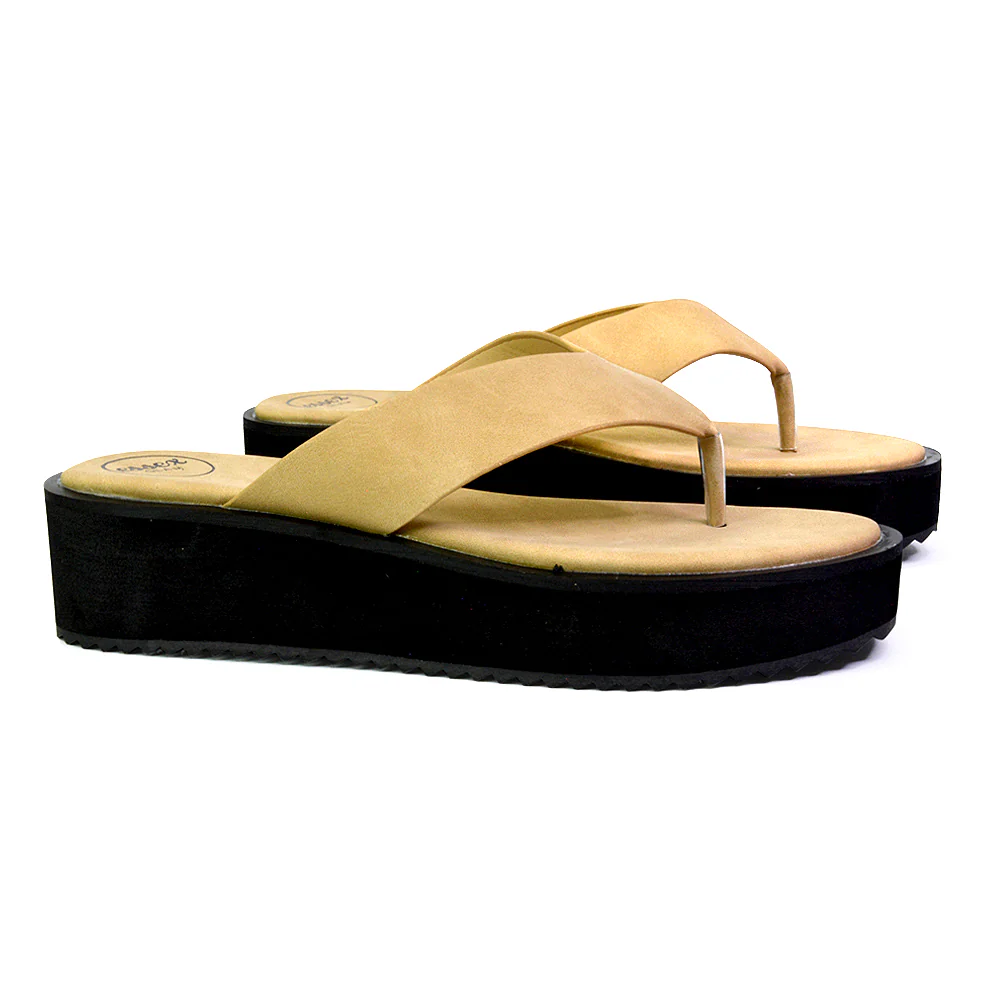 Tammi Strappy Slip On Thong Strap Flatform Flip Flop Flat Sandals Slides in Taupe - Image 121
