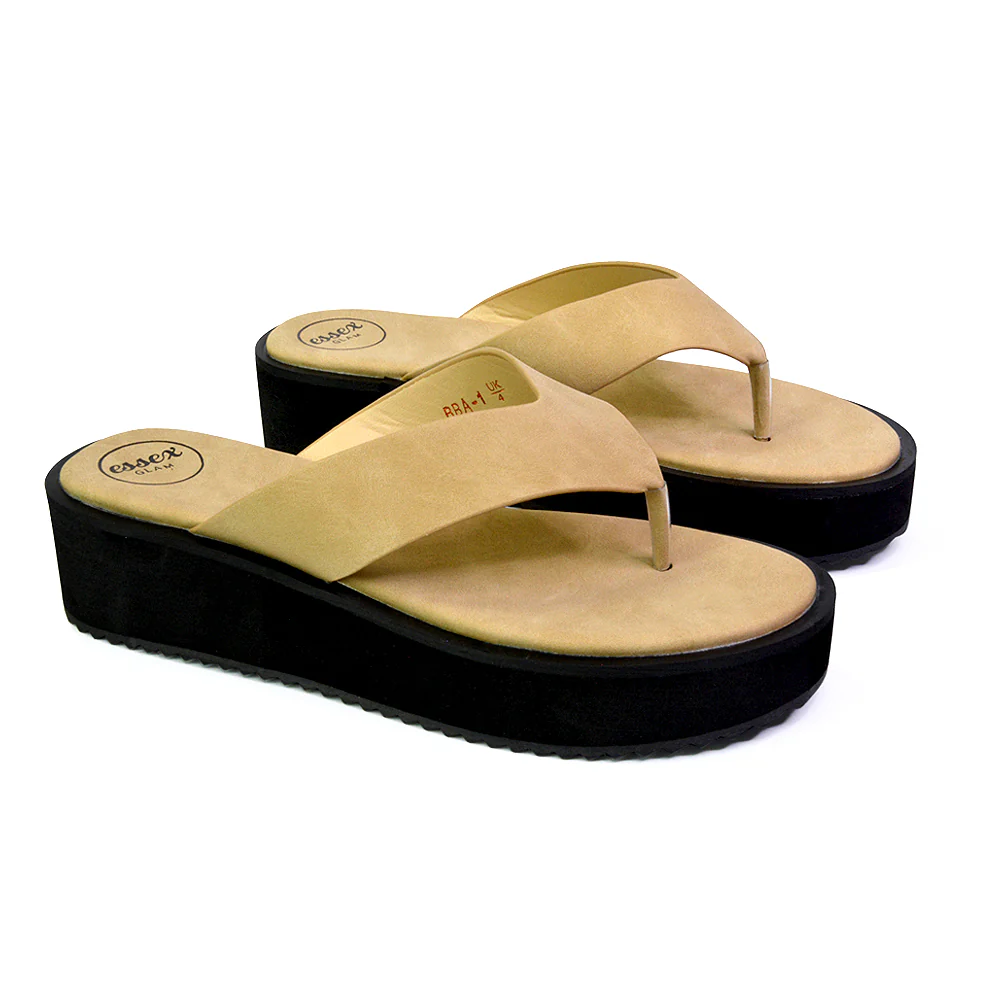 Tammi Strappy Slip On Thong Strap Flatform Flip Flop Flat Sandals Slides in Taupe - Image 124