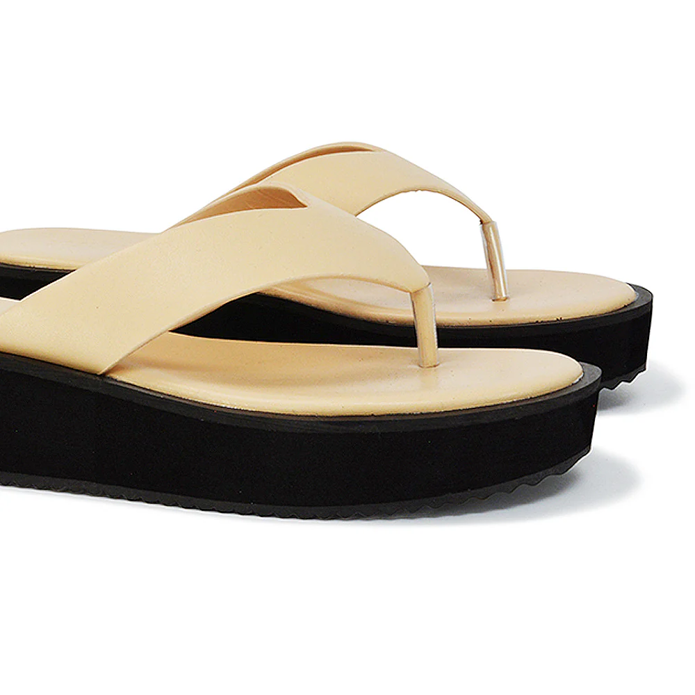 Tammi Thong Strap Flatform Flip Flop Sandal Slides in Black Synthetic Leather - Image 77