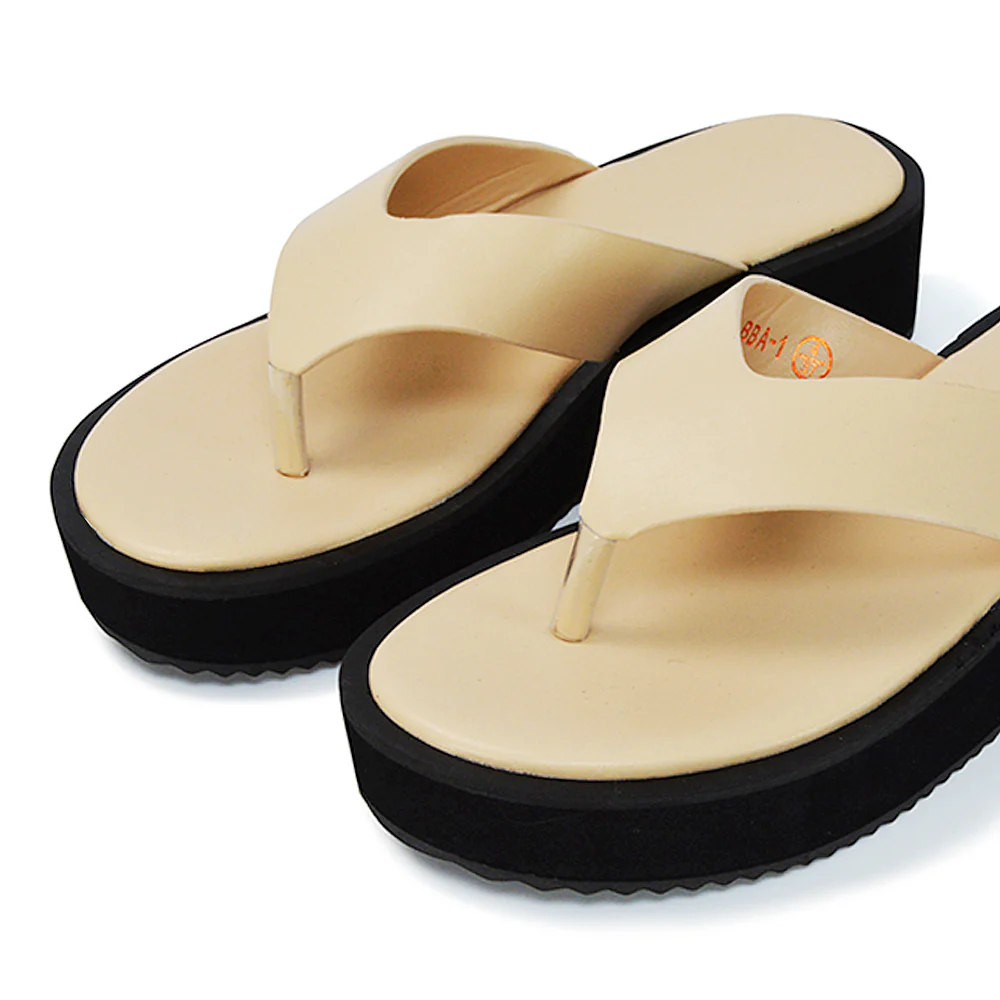 Tammi Thong Strap Flatform Flip Flop Sandal Slides in Black Synthetic Leather - Image 92
