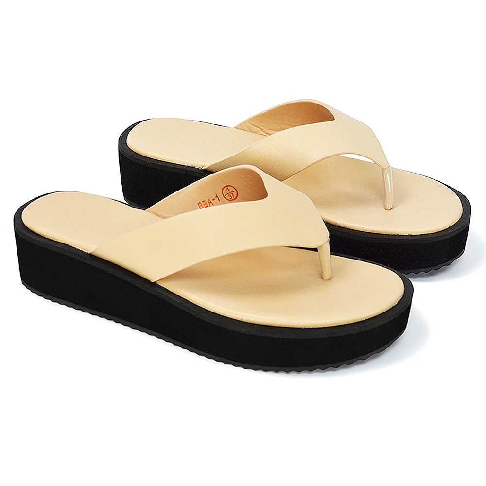 Tammi Thong Strap Flatform Flip Flop Sandal Slides in Nude Synthetic Leather - Image 83