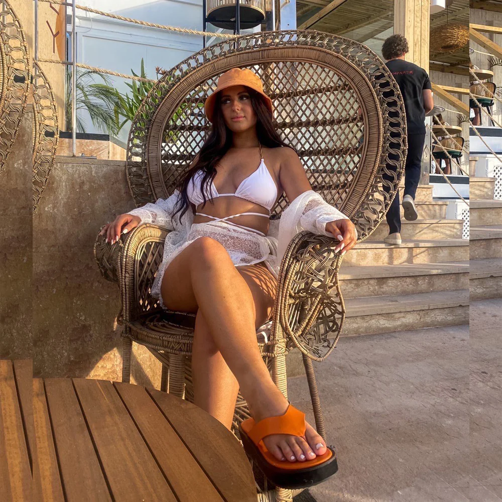 Tammi Thong Strap Flatform Flip Flop Sandal Slides in Orange Synthetic Leather - Image 5