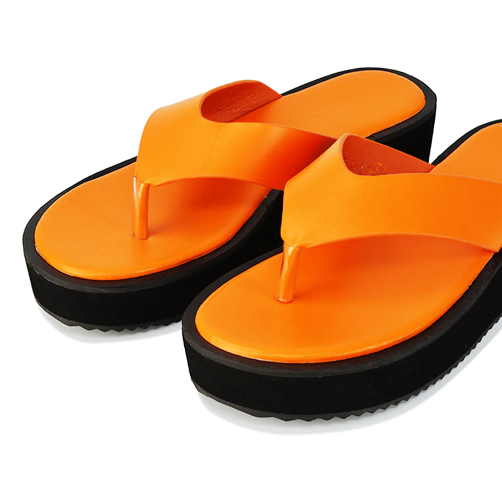 Tammi Thong Strap Flatform Flip Flop Sandal Slides in Orange Synthetic Leather - Image 77
