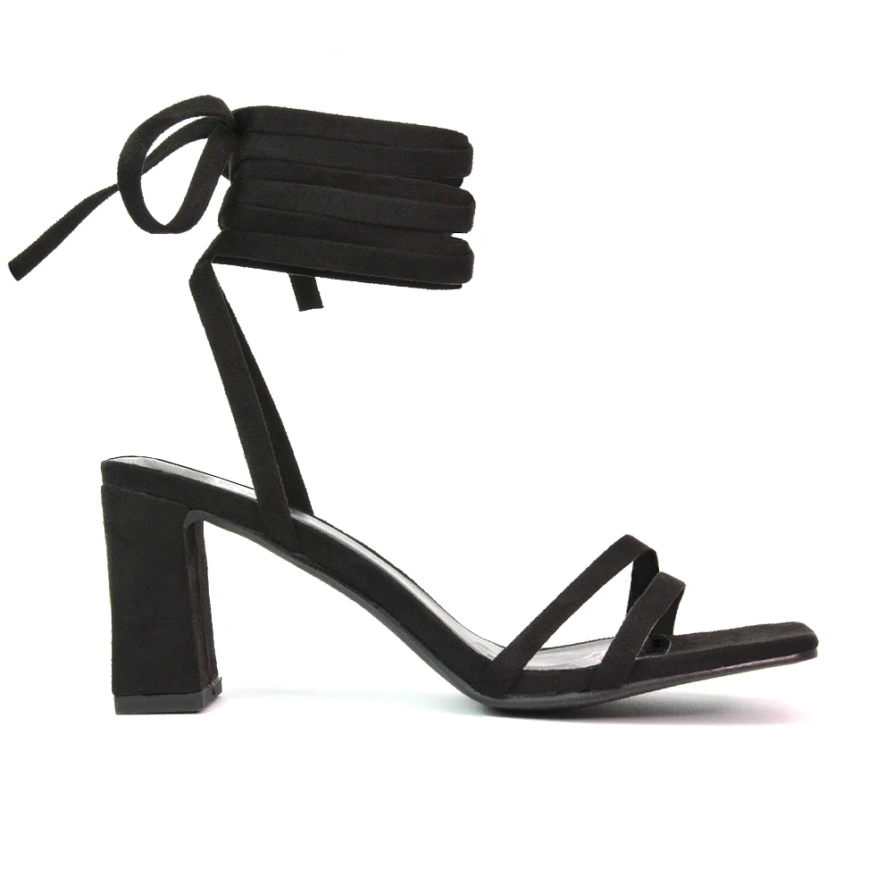 Tanyel Strappy Lace up Faux Suede Mid Block Heel Sandals in Black - Image 96