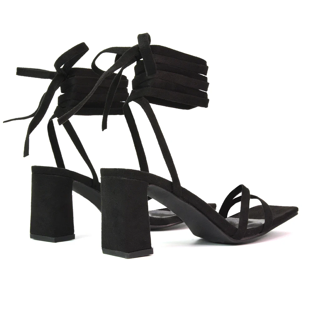 Tanyel Strappy Lace up Faux Suede Mid Block Heel Sandals in Black - Image 98