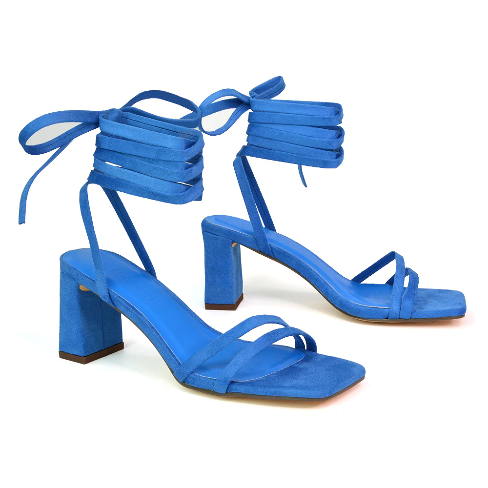 Tanyel Strappy Lace up Faux Suede Mid Block Heel Sandals in Blue - Image 22