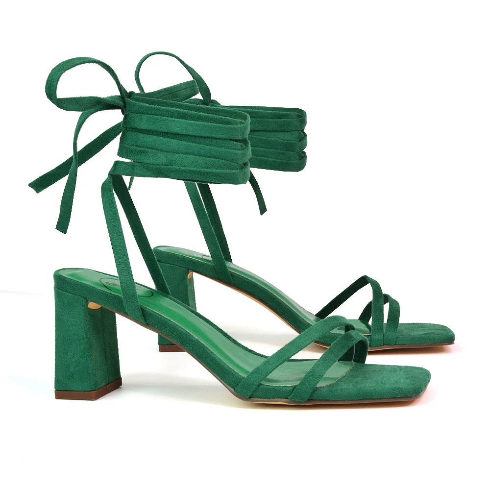 Tanyel Strappy Lace up Faux Suede Mid Block Heel Sandals in Blue - Image 50