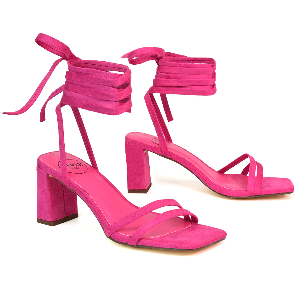 Tanyel Strappy Lace up Faux Suede Mid Block Heel Sandals in Blue - Image 56