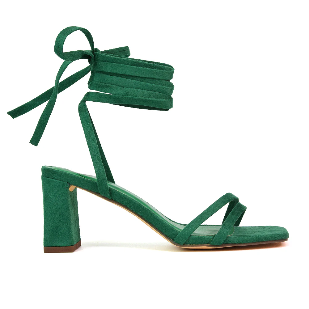 Tanyel Strappy Lace up Faux Suede Mid Block Heel Sandals in Green - Image 50