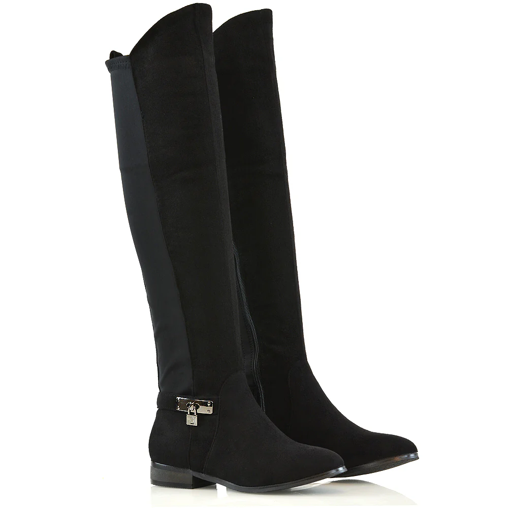 Taylor Over The Knee High Flat Heel Buckle Detail Women Boots in Black Synthetic Leather - Image 8