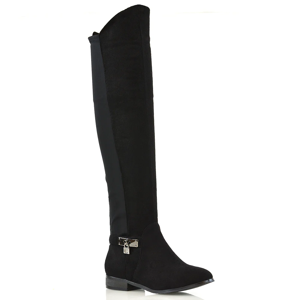 Taylor Over The Knee High Flat Heel Buckle Detail Women Boots in Black Synthetic Leather - Image 10