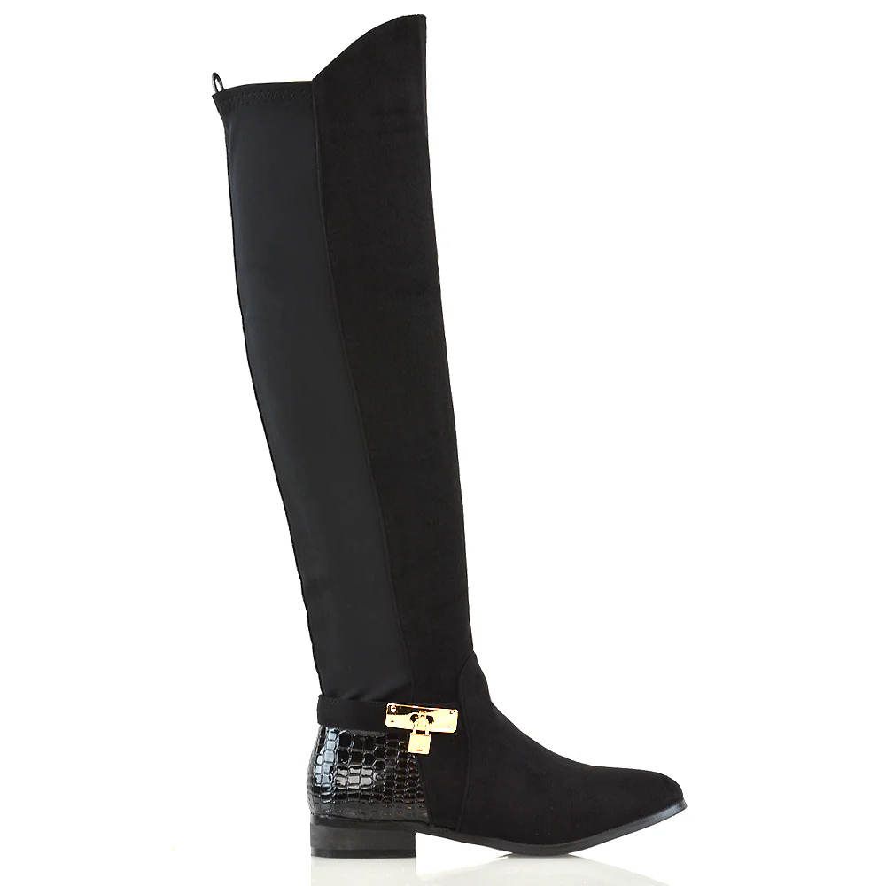 Taylor Over The Knee High Flat Heel Buckle Detail Women Boots in Black Synthetic Leather - Image 9
