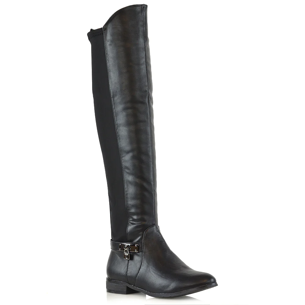 Taylor Over The Knee High Flat Heel Buckle Detail Women Boots in Black Synthetic Leather - Image 3