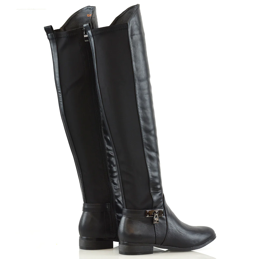 Taylor Over The Knee High Flat Heel Buckle Detail Women Boots in Black Synthetic Leather - Image 5