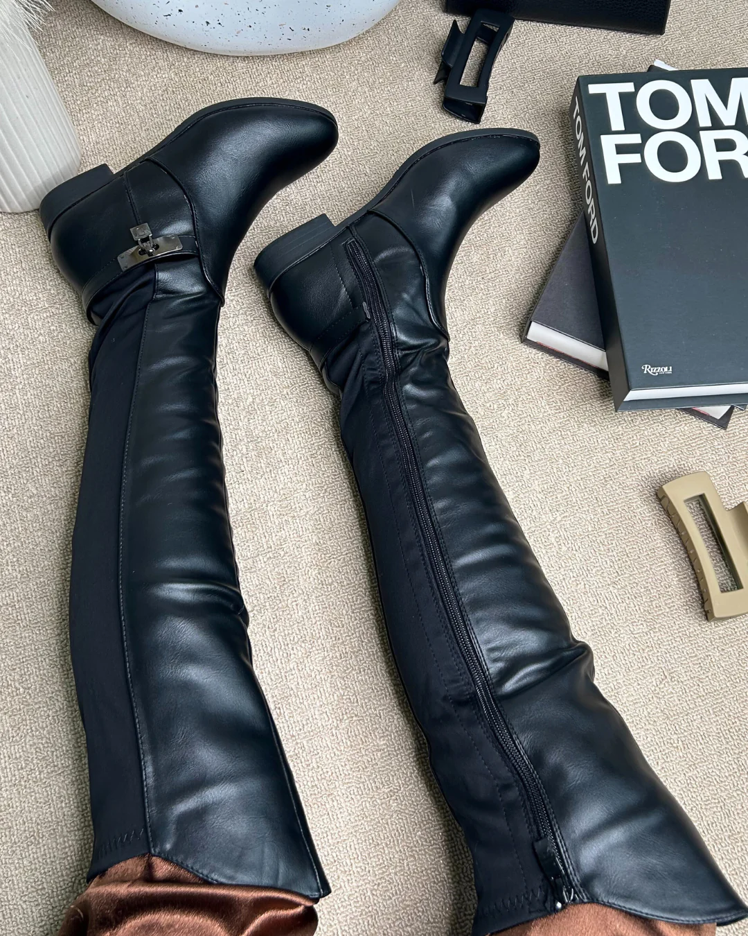 Taylor Over The Knee High Flat Heel Buckle Detail Women Boots in Black Synthetic Leather - Image 2