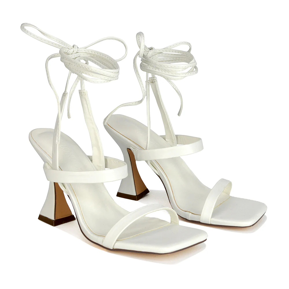 Taytum Square Toe Strappy Lace Up Sandal Flared High Heels in Black Synthetic Leather - Image 45